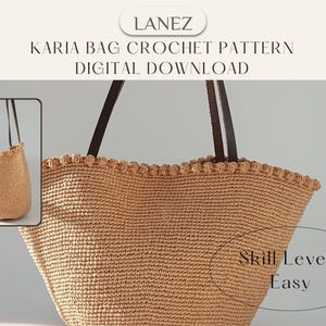 K&ouml;nnte beinhalten: Ein H&auml;kelmuster f&uuml;r eine gro&szlig;e, braune Tragetasche mit braunen Lederriemen. Die Tasche hat einen gewellten Rand und ist als einfach zu h&auml;keln beschrieben. Der Text "Skill Level: Easy" ist im Bild sichtbar.