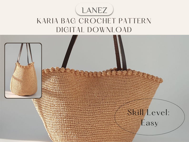 K&ouml;nnte beinhalten: Ein H&auml;kelmuster f&uuml;r eine gro&szlig;e, braune Tragetasche mit braunen Lederriemen. Die Tasche hat einen gewellten Rand und ist als einfach zu h&auml;keln beschrieben. Der Text "Skill Level: Easy" ist im Bild sichtbar.