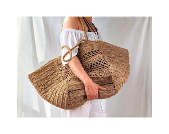 Crochet Beach Bag PATTERN: XL Raffia Lightweight Packable Summer Tote, DIY Straw Oversize Shoulder Bag Pdf/Video Tutorial, Digital Download