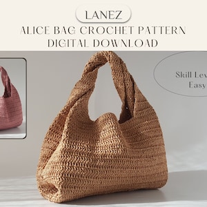 K&ouml;nnte beinhalten: Ein H&auml;kelmuster f&uuml;r eine Alice-Tasche. Das Muster ist f&uuml;r eine geh&auml;kelte Tasche mit einem gedrehten Henkel. Die Tasche ist in zwei Farben, braun und rosa, dargestellt. Das Muster wird als einfach zu befolgen beschrieben. Schwierigkeitsgrad: Einfach.