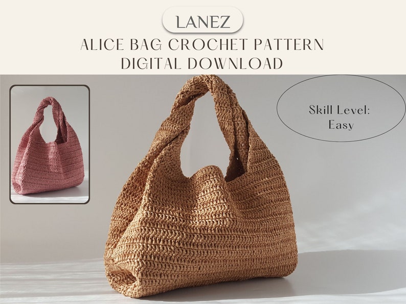 K&ouml;nnte beinhalten: Ein H&auml;kelmuster f&uuml;r eine Alice-Tasche. Das Muster ist f&uuml;r eine geh&auml;kelte Tasche mit einem gedrehten Henkel. Die Tasche ist in zwei Farben, braun und rosa, dargestellt. Das Muster wird als einfach zu befolgen beschrieben. Schwierigkeitsgrad: Einfach.