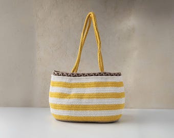Crochet Bag PATTERN: FRIDA Striped Cotton Beach Tote, DIY Shoulder Bag pdf/Video Tutorial, Long or Short Handle Purse, Digital Download