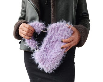 Crochet PATTERN: CINDY T-shirt Yarn Bag, Fluffy Shoulder Bag, DIY Furry Crossbody Purse, Easy Chunky Handbag Digital Pdf/Video Tutorial