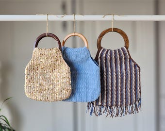 Crochet PATTERN & VIDEO: PEPPA Wooden Handle Tote, 3 Styles Purse Tutorial, Cotton Striped Fringe Boho Handbag, Diy Sequin Evening Pouch