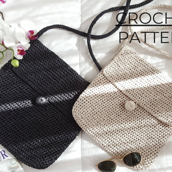 Crochet Bag PDF PATTERN, Raffia Crossbody Shoulder Bag, Flap Messenger Bag with Button Closure, Straw Summer Bag, Easy DIY Purse Tutorial