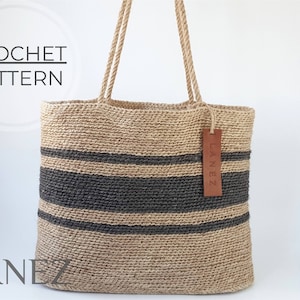 Crochet Bag PDF PATTERN, Jute Black Striped Long Handle Tote, DIY Shopping Bag, Woven Shoulder Bag, Oval Base Large Handbag, Crochet Gift