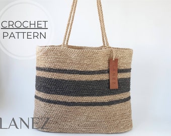 Crochet Bag PDF PATTERN, Jute Black Striped Long Handle Tote, DIY Shopping Bag, Woven Shoulder Bag, Oval Base Large Handbag, Crochet Gift