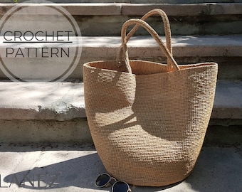 Sac au crochet PDF PATTERN, grand sac de plage en raphia, sac à main fourre-tout en paille à base ronde, tutoriel de sac de panier d'été facile, sac à bandoulière tissé bricolage