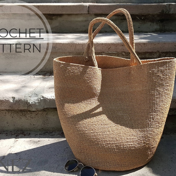 Crochet Bag PDF PATTERN, Large Raffia Beach Bag, Round Base Straw Tote Handbag, Easy Summer Basket Bag Tutorial, DIY Woven Shoulder Bag
