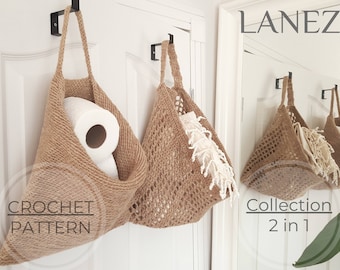 Crochet Hanging Basket PDF PATTERNS, Collection of Jute Storage Baskets, Hemp Net Wall Basket, Easy DIY Craft, Boho Home Décor, Mesh Basket