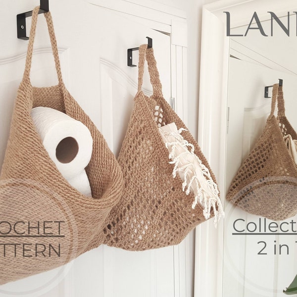 Crochet Hanging Basket PDF PATTERNS, Collection of Jute Storage Baskets, Hemp Net Wall Basket, Easy DIY Craft, Boho Home Décor, Mesh Basket