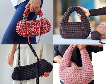 CROCHET PATTERN Collection: Set of 4 Crochet Bag Patterns, Easy DIY Handbag Tutorials, Chunky T- shirt Yarn Hobo Shoulder Bag Bundle