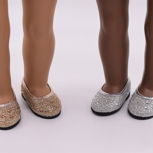 Doll Shoes | Gold or Silver Rhinestone Flats| for any 18-inch Doll