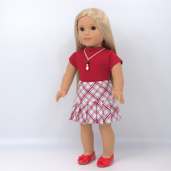 Doll Clothes | Red T-Shirt or/and Red, Black and Gary Plaid Pleated Skirt | for any 18-inch Doll