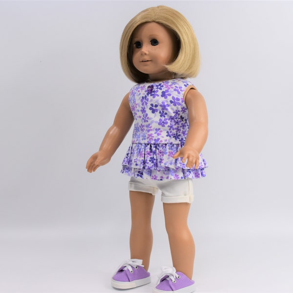 Doll Clothes | Purple and Lavender Flowers and White Shorts | for any 18-inch Doll