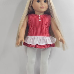 Doll Clothes | Red and White Polkadots Double Ruffle Bottom Blouse and White Legging | Make to fit most 18-inch Dolls.