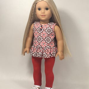 Doll Clothes | Black and Red Ruffle Bottom Blouse and Red Legging Set | Make to fit most 18-inch Dolls.
