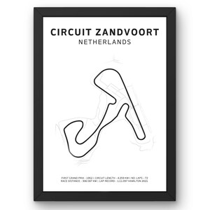 Poster Circuit de F1 de Zandvoort - Art mural de Formule 1, carte du circuit du Grand Prix des Pays-Bas, cadeau parfait pour les fans de course