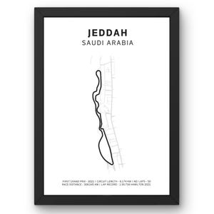 Poster Jeddah F1 Track - Art mural de Formule 1, carte du circuit du Grand Prix d'Arabie saoudite, cadeau parfait pour les fans de course