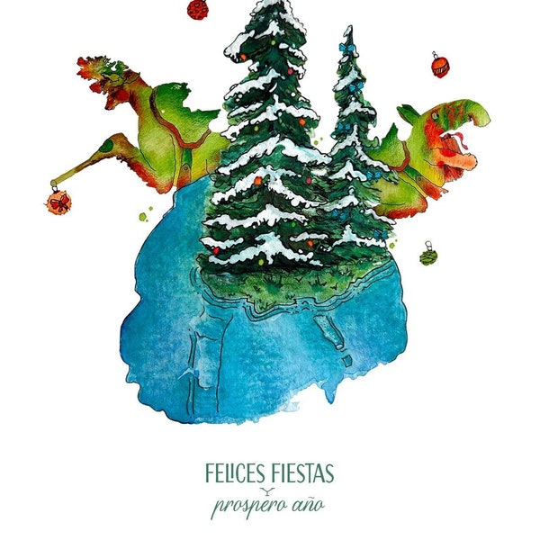 Felices Fiestas y Prospero Año - Hand painted, whimsical art holiday card w/envelope (Spanish) - 4.25 x 5.5