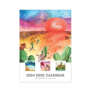 ON SALE ** 2024 Desk Calendar with Wood Block - Unique Hand Painted Art Prints - 5x7
