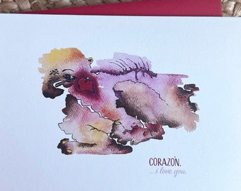 Whimsical, hand painted art greeting card w/envelope (Corazon) - 4.25 x 5.5