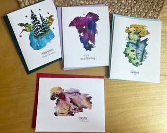 Gift Idea: Whimsical, hand painted art greeting cards w/envelopes - 4 pack