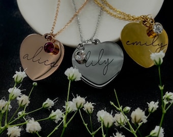 ENGRAVED NAME NECKLACE  with Birth month stone ,Personalized Heart Shape Name Necklace , Custom Engraved Name Necklace with Birthmonthstone