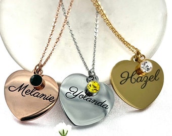 ENGRAVED NAME NECKLACE  with Birth month stone ,Personalized Heart Shape Name Necklace , Custom Engraved Name Necklace with Birthmonthstone