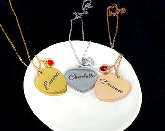 ENGRAVED NAME NECKLACE  with Birth month stone ,Personalized Heart Shape Name Necklace , Custom Engraved Name Necklace with Birthmonthstone