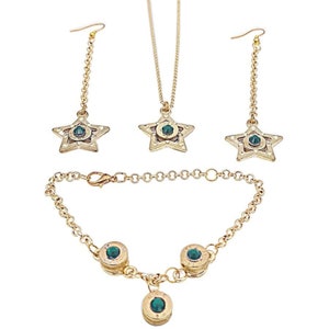 May include: A gold-tone jewelry set with a star pendant necklace, star drop earrings, and a bracelet with three round charms. Each piece features a green gemstone in the center.