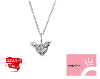 Angel Wings and Pavé Heart Pandora Necklace Guardian Angel's Glitter Rhinestone Heart on a 45 cm Chain Meaningful and Sparkling Necklace