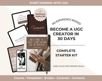 Pode incluir: Um anúncio que promove um curso para criadores de UGC. A imagem apresenta um livro, tablets e um telefone com o texto "BECOME A UGC CREATOR IN 30 DAYS". Texto adicional inclui "COMPLETE STARTER KIT" e "NO EXPERIENCE NEEDED".