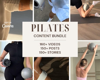 Pode incluir: Um pacote de conteúdo digital para Pilates com 160+ vídeos, 150+ publicações e 150+ stories. A colagem exibe várias cenas de exercícios com pessoas em trajes esportivos usando bolas cinzas, rolos de espuma e tapetes de ioga.