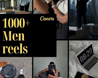 Pode incluir: Uma colagem digital com o texto 1000+ Men reels e Canva, exibindo várias cenas de estilo de vida, incluindo uma pessoa lendo um livro, uma silhueta contra um horizonte urbano, um laptop com relógio digital e uma xícara de café na cama.