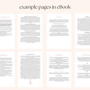 May include: A digital image of eight pages from an eBook, each with black text on a cream background. The top of the image reads "example pages in eBook". The pages cover topics like "Incarnation Cross" and "Gates".