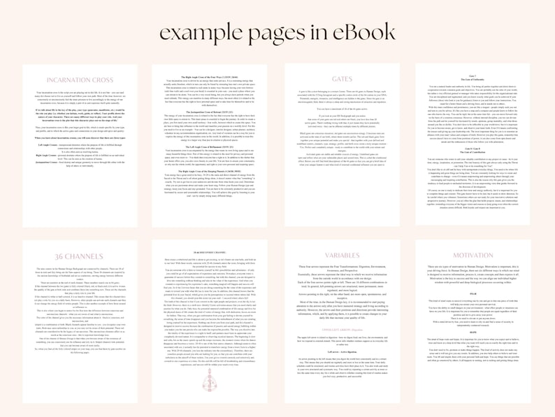 May include: A digital image of eight pages from an eBook, each with black text on a cream background. The top of the image reads "example pages in eBook". The pages cover topics like "Incarnation Cross" and "Gates".