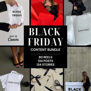 Op de afbeelding: Een digitaal marketing contentpakket voor Black Friday met een collage van afbeeldingen waaronder een verfrommeld papieren bord, rode tassen, witte tassen, enveloppen met zwarte linten en een grote doos, allemaal gelabeld met Black Friday.