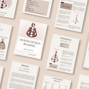 May include: A collection of printed cards with text and diagrams related to Human Design readings. The cards feature a soft color palette of beige, brown, and white. The central card reads "Human Design Reading" with space for a tagline and name.