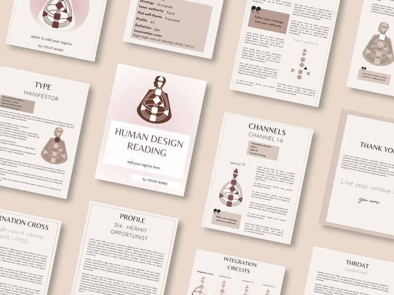 May include: A collection of printed cards with text and diagrams related to Human Design readings. The cards feature a soft color palette of beige, brown, and white. The central card reads "Human Design Reading" with space for a tagline and name.