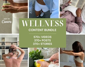 Pode incluir: Um pacote de conteúdo de bem-estar digital apresentando uma colagem de imagens de estilo de vida, incluindo uma pessoa bebendo um smoothie verde, vestindo roupas esportivas, lendo um livro, preparando comida fresca e se exercitando.