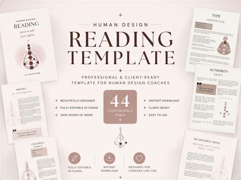 May include: A Human Design Reading Template with the title "Reading" in large text. The template includes 44 customizable pages, designed for coaches. The design is professional and client-ready, with the text "Human Design Reading Template" at the top.