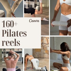 以下が含まれることがあります： 「160+ Pilates reels」というテキストとCanvaのロゴが入ったデジタルコラージュ。フォームローラーや小さなボールを使ったピラティスのエクササイズや、床での運動を行うスポーツウェア姿の様々な人物が写っています。