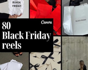 Pode incluir: Uma colagem digital com o texto 80 Black Friday reels, exibindo várias cenas incluindo papel amassado, sacolas vermelhas, sacolas brancas, envelopes com fitas pretas e uma caixa branca grande, todos rotulados como Black Friday.