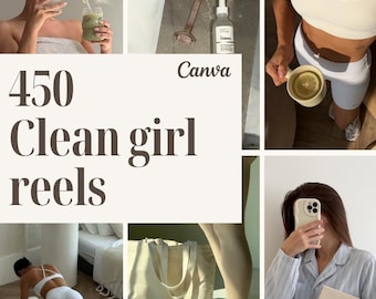 Pode incluir: Uma colagem digital com o texto 450 Clean girl reels e Canva, exibindo várias cenas de estilo de vida, incluindo produtos de cuidados com a pele, um conjunto esportivo branco, uma bolsa tote com tênis e um pijama listrado.