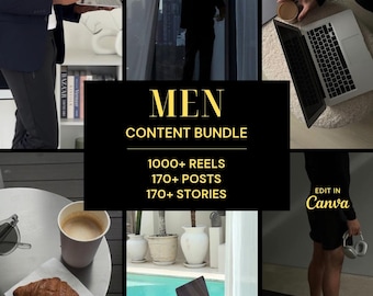 Pode incluir: Um pacote de conteúdo digital para redes sociais com o texto MEN CONTENT BUNDLE, 1000+ REELS, 170+ POSTS, 170+ STORIES e EDIT IN Canva. A colagem exibe várias cenas de estilo de vida, incluindo uma pessoa usando um laptop, uma silhueta perto de uma janela, café com um croissant e uma pessoa em pé sobre um tapete de yoga.