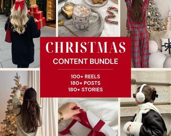 Pode incluir: Um pacote de conteúdo digital com seis imagens festivas, incluindo uma pessoa com um laço vermelho, biscoitos de gengibre, pijama xadrez vermelho, uma árvore de Natal, um presente com fita vermelha e roupas de inverno com o texto CHRISTMAS CONTENT BUNDLE 100+ REELS 180+ POSTS 180+ STORIES.