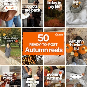 May include: A digital collage of 12 square images featuring autumn-themed content with text overlays including 50 READY-TO-POST Autumn reels, vlog about what i wore this week, boots are back, a day in my life, just this, romanticizing autumn, autumn bucket list, ideas for autumn photos, dressing up for autumn, evening with me, and rainy day routine.