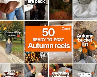 Pode incluir: Uma colagem digital de 12 imagens quadradas com conteúdo temático de outono e sobreposições de texto, incluindo 50 READY-TO-POST Autumn reels, vlog about what i wore this week, boots are back, a day in my life, just this, romanticizing autumn, autumn bucket list, ideas for autumn photos, dressing up for autumn, evening with me e rainy day routine.