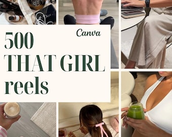 Pode incluir: Um gráfico digital com o texto 500 THAT GIRL reels e Canva, rodeado por uma colagem de imagens de estilo de vida, incluindo café gelado, uma pessoa com top rosa, uma pessoa a trabalhar num portátil, pijama, fita de cabelo e sumo verde.
